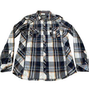 BKE Standard Fit Men's Size XL Plaid Western Shirt Pearl Snaps Blue Orange Plaid